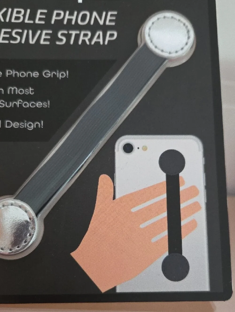 Flexible Phone Adhesive Strap - Black & Silver NIP
